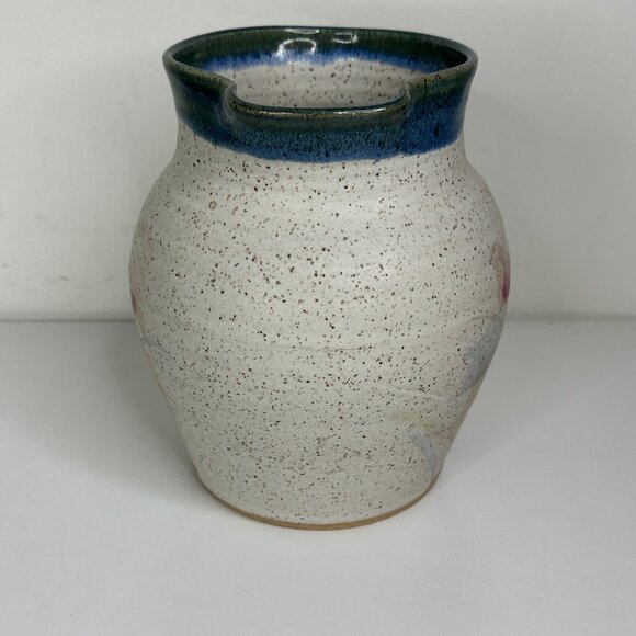 Russell Wood Speckled Ceramic Pitcher With Hand-Painted Floral Design & Blue Rim - Picture 4 of 10